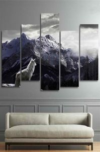 Legal hd imprime arte da parede da lona sala de estar decoração casa fotos 5 peças neve montanha planalto lobo pinturas animais cartazes framew1344054