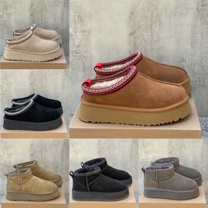 Tazz-Hausschuhe für Damen, Tasman-Pelz-Slides, klassischer Ultra-Mini-Plateaustiefel, Senfkorn-Slipper, Les Petites, bequeme Winter-Designer-Stiefeletten aus Wildleder und Wollmischung