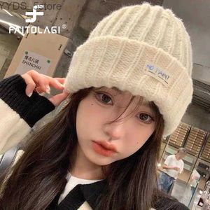 Beanie/Skull Caps Korean Slouchy Beanies For Women Winter Warm Earmuffs Cap Fashion Girl Crochet Bonnet Solid Color Coarse Woolen Knitted Hat YQ231108