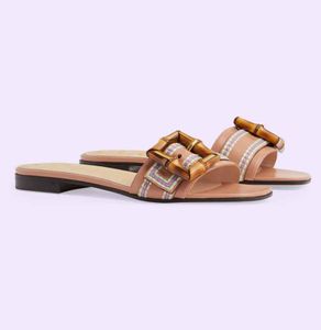 Top Luxury Summer Bamboo Buckle Sandals Shoes Women's Interlocking House Cut-out Slide Flats Leather Beach Casual Ladies Slippers Comfort Footwear EU35-43