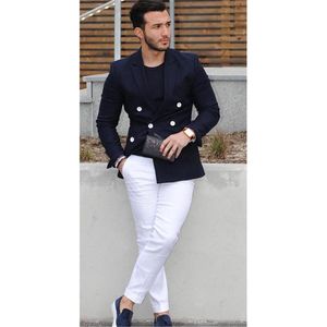 Мужские костюмы Blazers 2023 темно-синие двухбортные мужчины для мужчин Casual Blazer Man Tuxedo Custom Jupet Style 2pcs (куртка белые брюки)