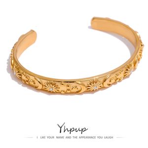 Bangle YHPUP Golden Rostly Steel Moon Star Sun Bangle Armband Stylish Metal Open Wrist Party Gift 231109
