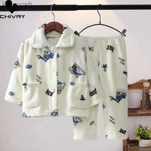 Pajamas New Kids Boys Girls Autumn Winter Soft Flannel Pajamas Sets Cartoon Long Sleeve Lapel Tops with Pants Pyjamas Sleepwear ClothingL231109