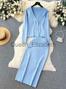 Two Piece Dress SINGREINY Casual Knit Two Piece Set Winter Women Long Sleeve V Neck Cardigan Elastic Waist Fashion Long OL Sweater Suit Skirt J231109