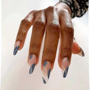 False Nails 24pcs/Box Abstract Lines Design Almond Wearable French Stileetto Fake Full Cover Nail Tips Press On