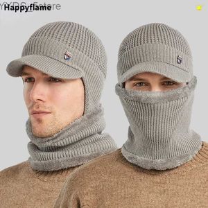 Gorro/bonés de crânio chapéu de inverno com lenço conjunto crânios gorros para homens chapéu de malha máscara feminina engrossar balaclava earflap lã gorro masculino pescoço tubo yq231108