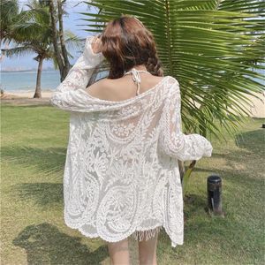 Bluzki damskie 2023 Długie Kimono Cardigan Rękaw Elegancka koronkowa koszula bluzka Wyglądaj przez połysk szydełkową plażę plażową