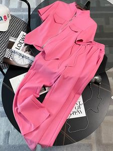 Women's T Shirts Fashion Pink Byxor Två stycken Set för kvinnor 2023 Summer Short Sleeved Zipper Tops Elastic Midje Casual Pants Sports Black