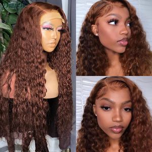 13x4 Transparent Dark Brown Deep Wave Frontal Wig Chocolate Brown Pre Plucked with Baby Hair Lace Front brazilian Human Hair Wigs 150% cheap on sale