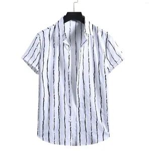 Männer Casual Hemden Männer Baumwolle Leinen Streifen Druck Kurzarm Button Hemd Bluse Top Slim Fit Kleid Hübsche Kleidung 2023