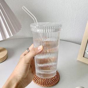 Wine Glasses Milk Cup Flower EmbossTransparent Glass With Lid And Straw Transparent Bubble Tea Coffee Drinkware Dessert