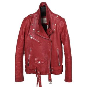 Couro feminino FAUX Spring 2023 Mulheres Slim Slim Fit Biker Sheepskin Jaqueta genuína Motocicleta feminina Belted Belted Punk Black Red