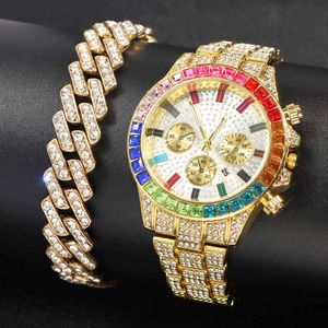 Temu Hot Selling Cuban Armband med Colorful Diamond Hip Hop Set -klockor för män och kvinnor Universal Fashion Alloy Men 231015