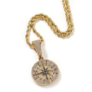 Hip Hop Retro Vintage Compass get Pendant Necklace Full 5A Zircon 18K Real Gold Plated Cool Men smycken