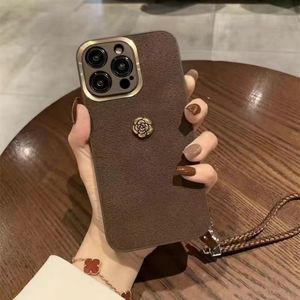 High-quality texture Camellia Designer iPhone 15 Case with Lanyard for iphone 11 12 13 14 15 Pro max Cover Leather case best gift for lady