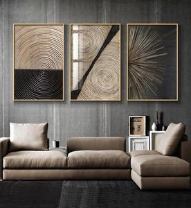 Stampe murali Astratte Retro Nero Oro Legno Art Poster Anello di un albero Linee radiali Nordic Immagine su tela Home Decor Dipinti6133819