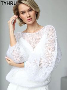 Women's Sweaters TYHRU Women's Knitted Sweaters Lady Hollow out Mesh Thin Pullover See Through Look Lantern Sleeve Loose Tops Smock 231109