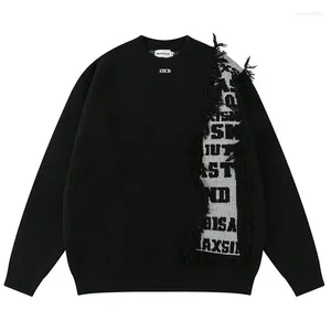 Suéter masculino hip hop carta mens malha borla retalhos harajuku streetwear casual solto o-pescoço varsity pulôver casais outono