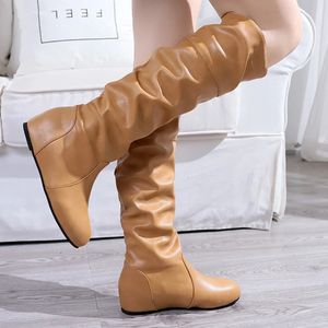 Boots Autumn Women's Lår High Boots Fashion Plus Size Pionted Toe Wrinkle Flat Kne High Knight Boots For Women Botas de Mujer 231108