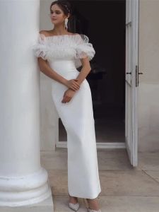 Elegant Long Wedding Dresses Off the Shoulder Short Sleeves Satin Mermaid Ankle Length Custom Made Bridal Gowns