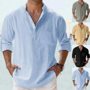 T-shirts pour hommes Vêtements Cacher le ventre Hommes Printemps Été Lâche Collier de couleur unie Poche à manches longues Pull Flanelle Chemise Hommes Mâle