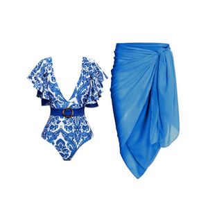 Damen Bademode Blau Tiefer V Rüschendruck Einteiliger Badeanzug Set Dreieck Micro Bikinis Sexy Niedrige Taille Für Mädchen Rückenfrei Enge SpitzeDamen
