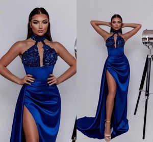 Sexy Royal Blue Plus Size A Line Prom Dresses O Neck Beaded V Neck Pleats High Side Split Formal Wear Birthday Pageant Special Occasions Evening Party Gowns