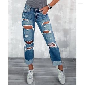 Jeans femininos calças jeans estilo rua longo para mulheres y2k cintura alta streetwear calças rasgadas buraco reto lavado