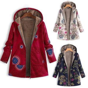 Womens Wool Blends Tryckt huva långärmad kappa överdimensionerade vintage Kvinnor Autumn Winter Warm Plush Jacka Casual Ladies kläder 231109