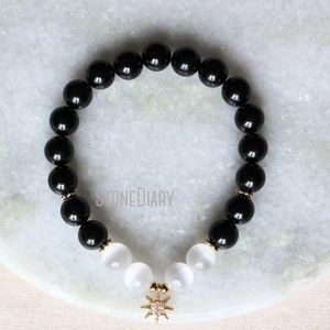 Strand WMB44248 Bracciale Mala da polso con selenite e tormalina nera, ciondolo con stella polare, regalo yoga placcato in oro