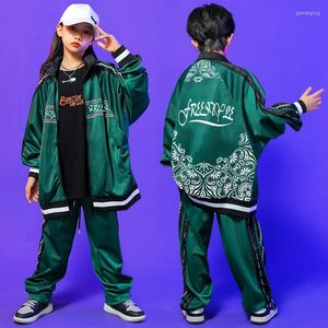 Stage Wear Kids Kpop hip hop abbigliamento stampato verde pantaloni sudore di grandi dimensioni per ragazze jazz street da ballo costume abiti da costume