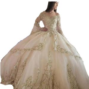 2023 sexy Champagner Gold Quinceanera Kleider Pailletten Ballkleid von Schulterspitzen Pailletten Appliken Plus Size Sweet 16 Reißverschluss Rücken formelle Party Abschlussabendkleider