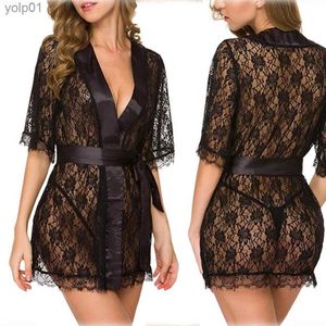 Women's Sleepwear Women Lace Pajamas Robes Sleepwear Sexy Transparent Nightgowns Nightdress Erotic Mini Night Dress With Belt Ladies SleepwearL231109