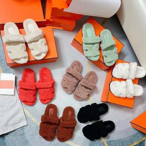 Women's Fuzzy lamb wool slippers Classic thick soles casual wool Flat plush cotton shoes ladies hair outside wearing Furry flip-flops Fluffy Woolen slippers