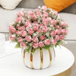 Decorative Flowers Beautiful Artificial Rose Wine Red Silk Holding Flower Bouquet DIY Home Garden Party Wedding Decoration Fake