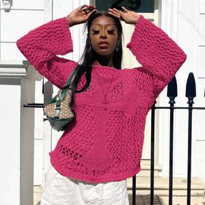 Women's Sweaters White Hollow Out Crochet Pullover Women Autumn Winter O-neck Warm Tops Y2K Female Long Sleeve Loose Knitted ClothesBNZE