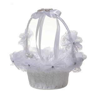 Crafts White Pearl Rhinestone Big Bow Flower Basket Wedding Supplies Flower Girl Basket Wedding Bride Portable Flower Basket3814214