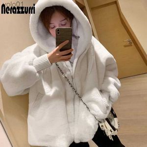 Pele feminina pele sintética nerazzurri inverno branco oversized jaqueta de pele sintética feminina com capuz raglan sle zíper roupas de moda coreana para mulheres 2021L231121