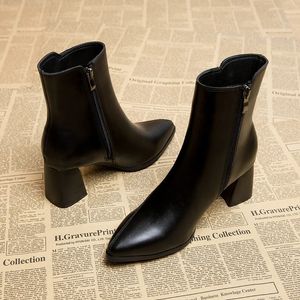 Botas primavera e outono estilo britânico fino feminino apontado dedo do pé zíper preto bota nua 231109