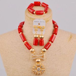 Necklace Earrings Set Fashion Nigerian Wedding African Jewelry Red Coral Beads