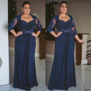 Navy Blue Long Sleeves Mother of The Bride Dresses Lace Sash Floor-Length Draped Pleated Chiffon Mother's Dress special Guest Elegant Prom Gown