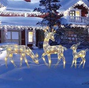 Juldekorationer 1/3st Iron Art Elk Deer Julträdgårdsdekoration med LED -ljus glödande glitter renar xmas hem utomhus prydnadsdekor 231109