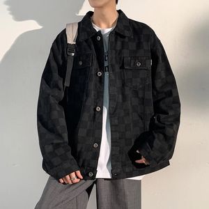 Men's Jackets Chessboard Plaid Jeans Jacket Men Autumn Black Denim Overalls Bomber Streetwear Man Clothing Oversized Outwear Coats 231108