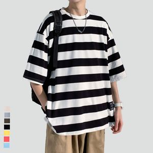 Mens Fashion T-Shirts Cotton Striped Loose Tees Summer Japanese Casual Streetwear Fitness Tees Oversized Male Tops