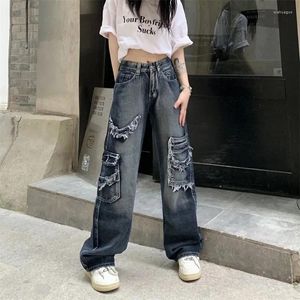 Kvinnors jeans high street vintage stil sommar tvättad slitna mångsidiga raka benbyxor vertikala löst breda