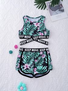 Women's Swimwear Kids Girls Swimsuit Two Pieces Round Neck Sleeveless Cross Sash Crop Tops And Shorts Set Swimming Bathing Suit Clothes