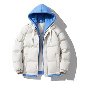 Männer Unten Parkas Winter Jacke Verdicken Zipper Mit Kapuze Parkers Farbe Kontrast Patchwork Baumwolle Mantel Koreanische Mode Casual 231108