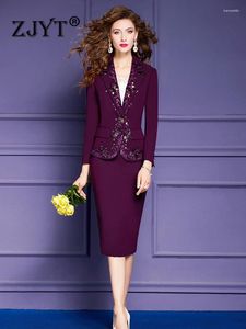 Two Piece Dress ZJYT Elegant Business Chic Embroidery Blazer Skirt Suit 2 For Women Sets 2023 Office Party Outfit Autumn Plus Size