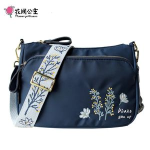 Kvällspåsar Flower Princess Brodery Wide Strap Crossbody Bag For Women Nylon Casual Shoulder Bag Women's Messenger Bag Daily Use 231108