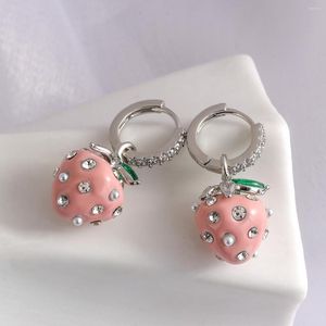 Creolen AENSOA Schöne Strass Pink Strawberry Pendientes für Frauen Silber Farbe Metall Huggie Trendy Schmuck